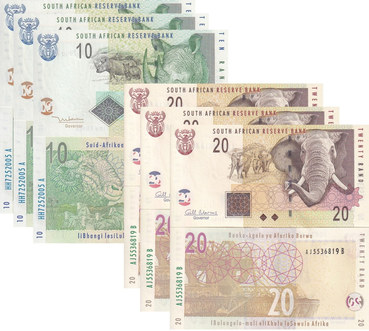 South Africa Set 2 X LOT 3 = 6 UNC 10 20 Rands 2005 2009 P 128 a P 129 b