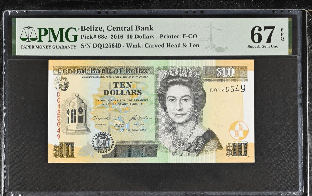 Belize 10 Dollars 2016 P 68 e QEII Superb Gem UNC PMG 67 EPQ