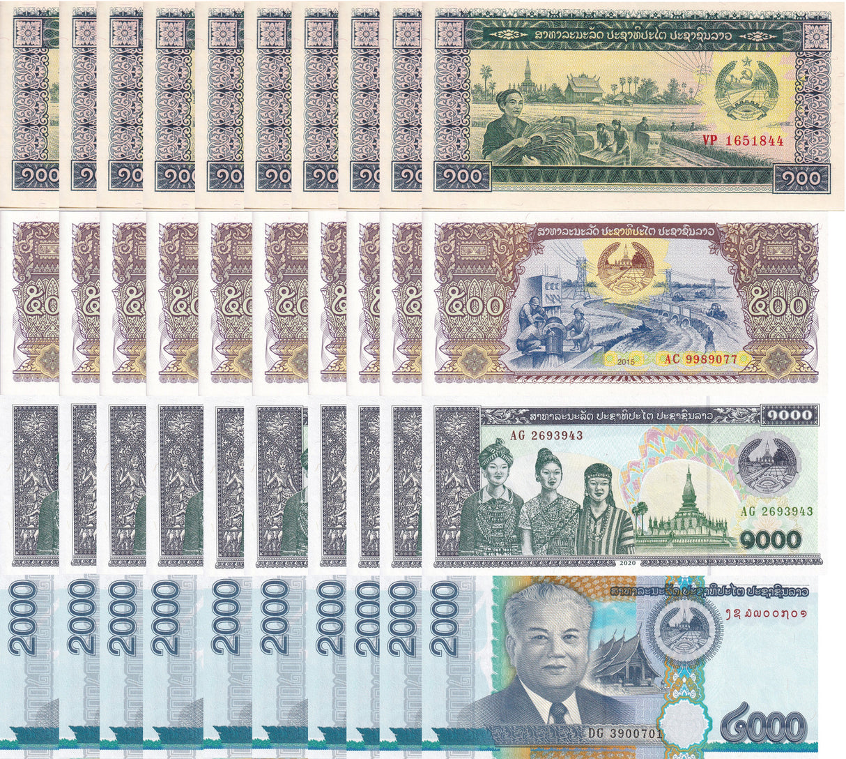 Laos Set 4 X LOT 10 = 40 UNC 100 500 1000 2000 KIP Random Date P 30 31 32 41