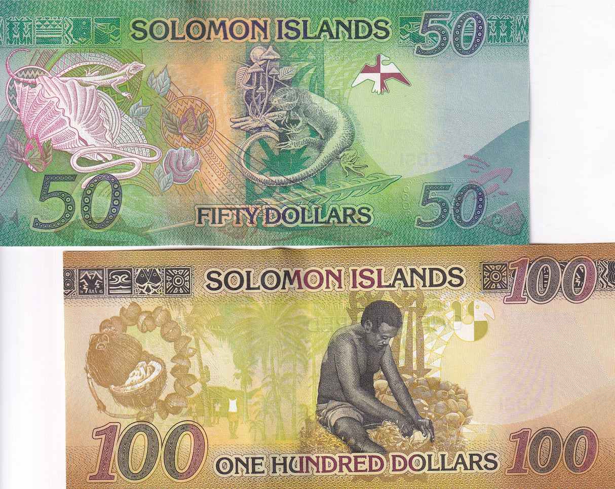 Solomon Islands Set 2 UNC 50 100 Dollars 2023 2024 Polymer P 35 P 36