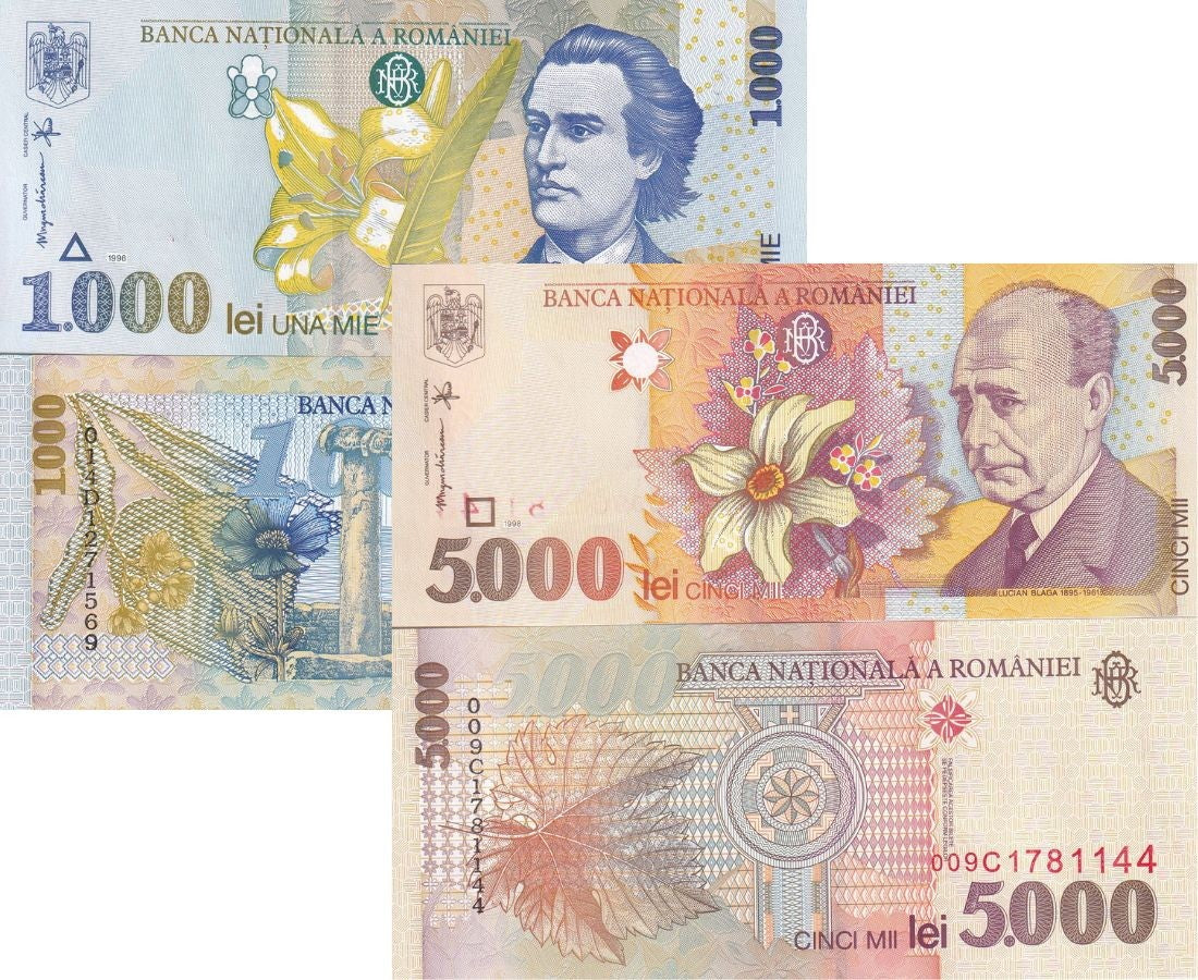 Romania Set 2 Pcs 1000 2000 Lei 1998 P 106 P 107 UNC