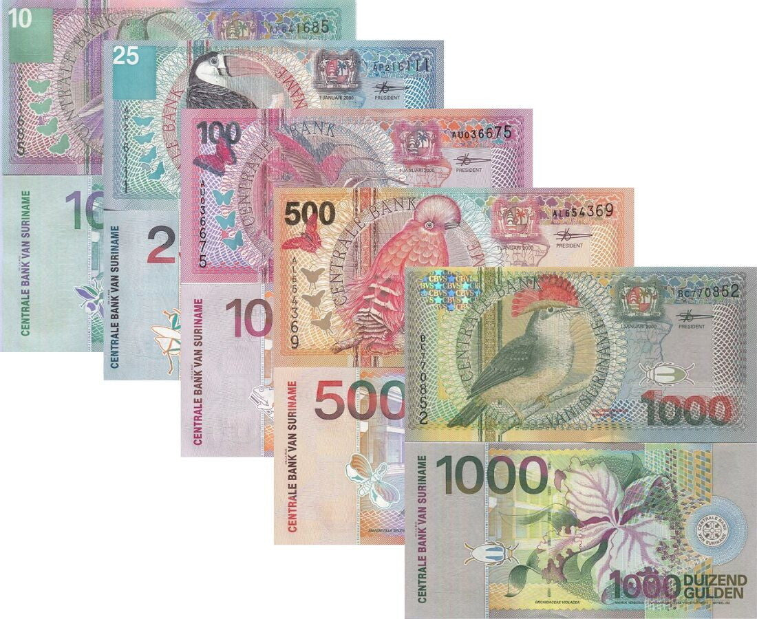 Suriname Set 5 UNC 10 25 100 500 1000 Gulden 2000 P 147 148 149 150 151