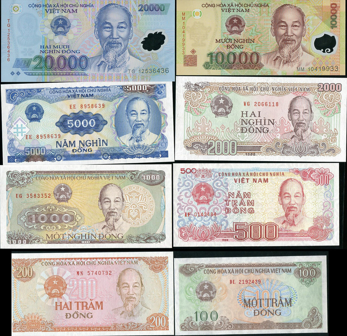Vietnam Set 8 UNC 100 200 500 1000 2000 5000 10000 20000 D Random Year P 100-120