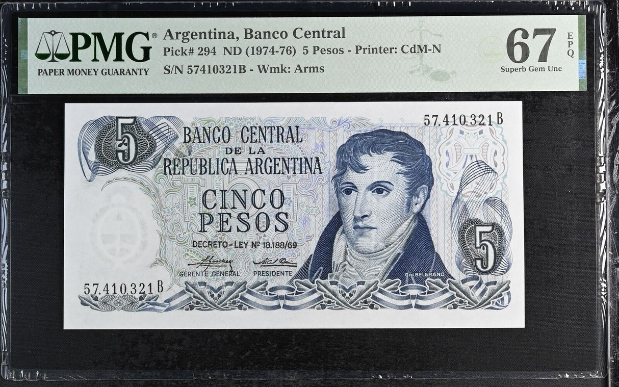 Argentina 5 Pesos ND 1974-76 P 294 Superb Gem UNC PMG 67 EPQ