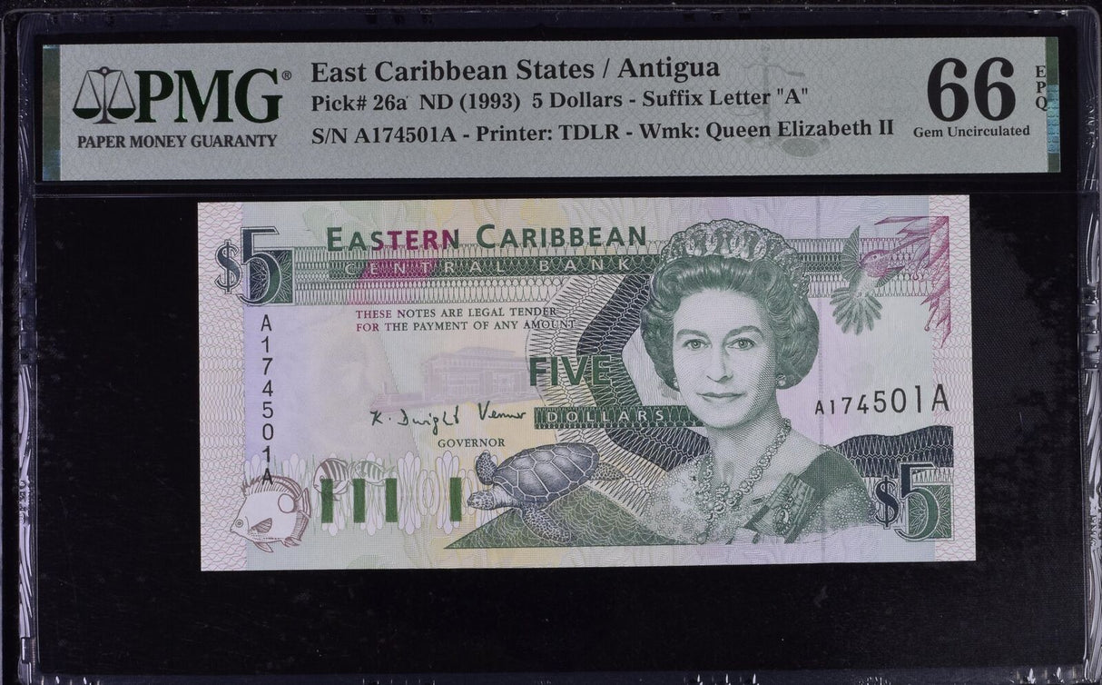 East Caribbean 5 Dollars ND 1993 P 26 a Suffix A Gem UNC PMG 66 EPQ