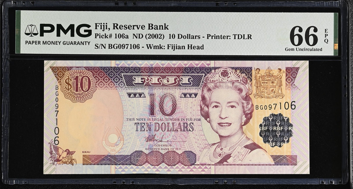 Fiji 10 Dollars ND 2002 P 106 a QE II Gem UNC PMG 66 EPQ
