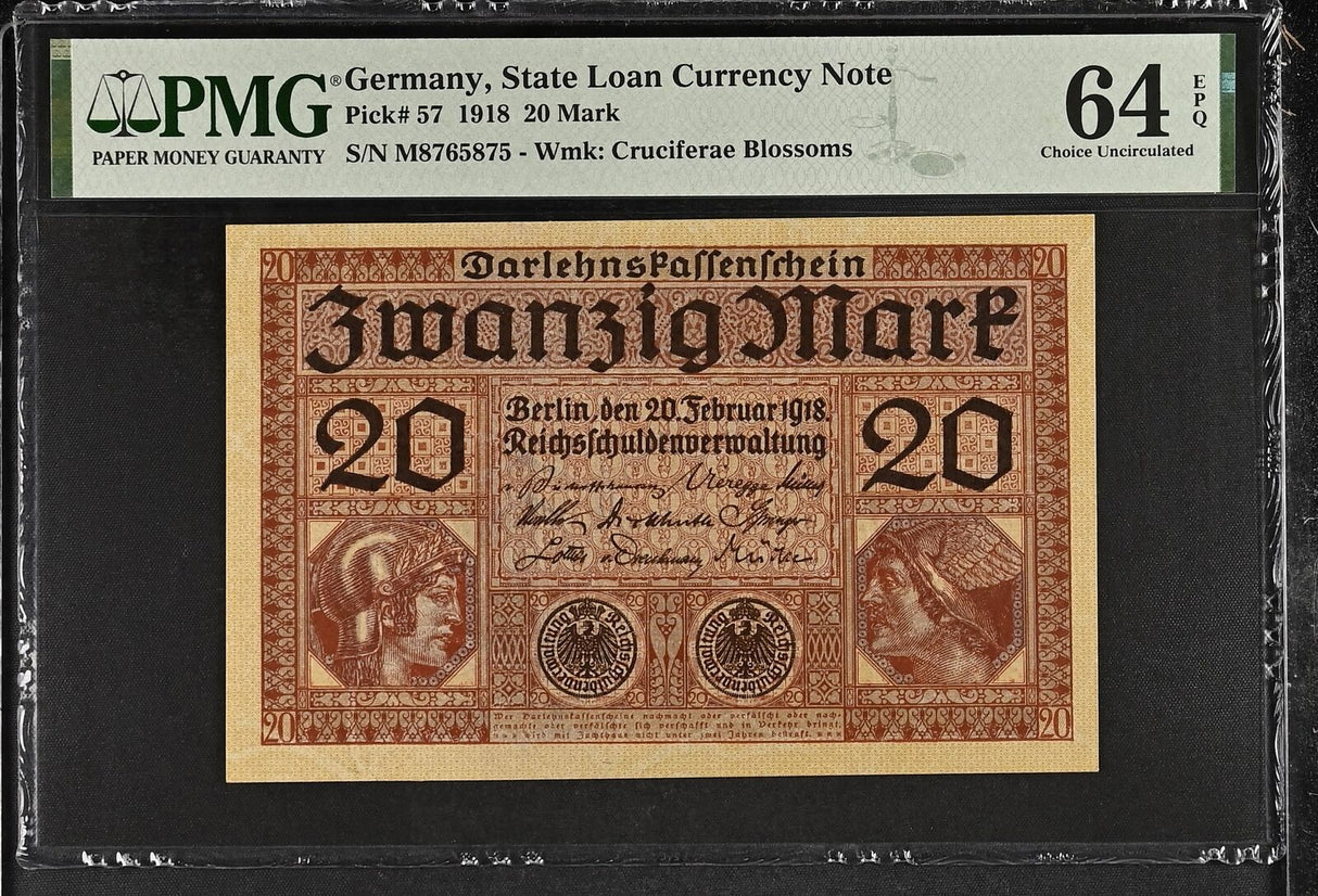 Germany Currency 20 Mark 1918 P 57 Choice UNC PMG 64 EPQ