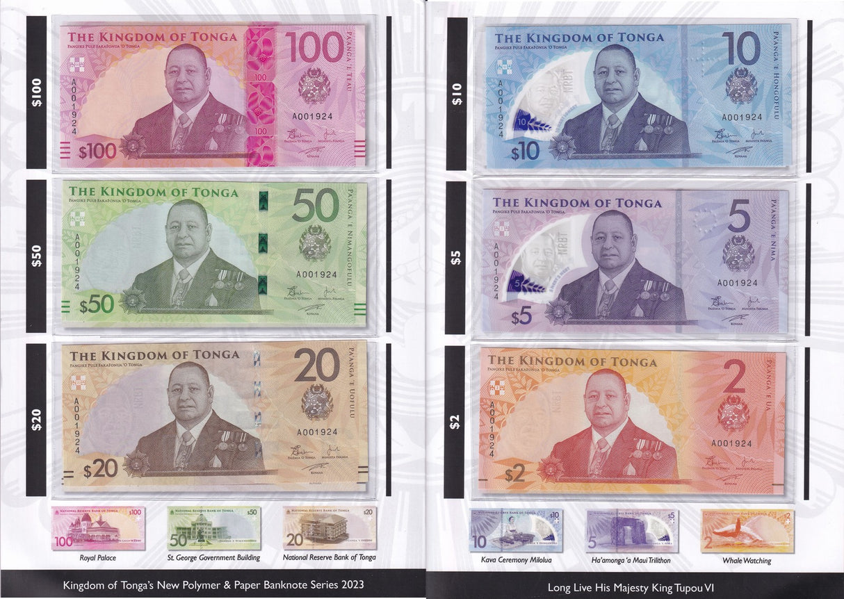Tonga Set 6 UNC 2 20 50 100 (5 10 Polymer) Pananga 2023 2024 P 50-55 With Folder