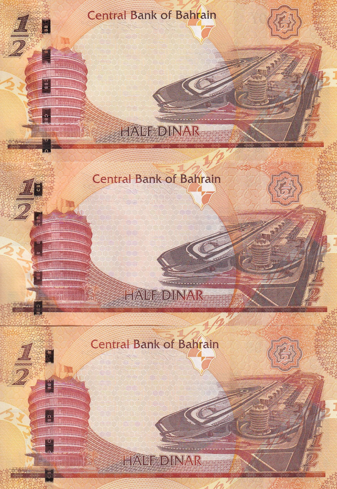 Bahrain Set 3 UNC 1/2 Dinars 2006 ND 2008 2016 2023 P 25 30 31 VIP Tower