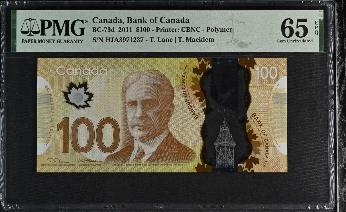 Canada 100 Dollars 2011 P 110 d Lane & Macklem Gem UNC PMG 65 EPQ