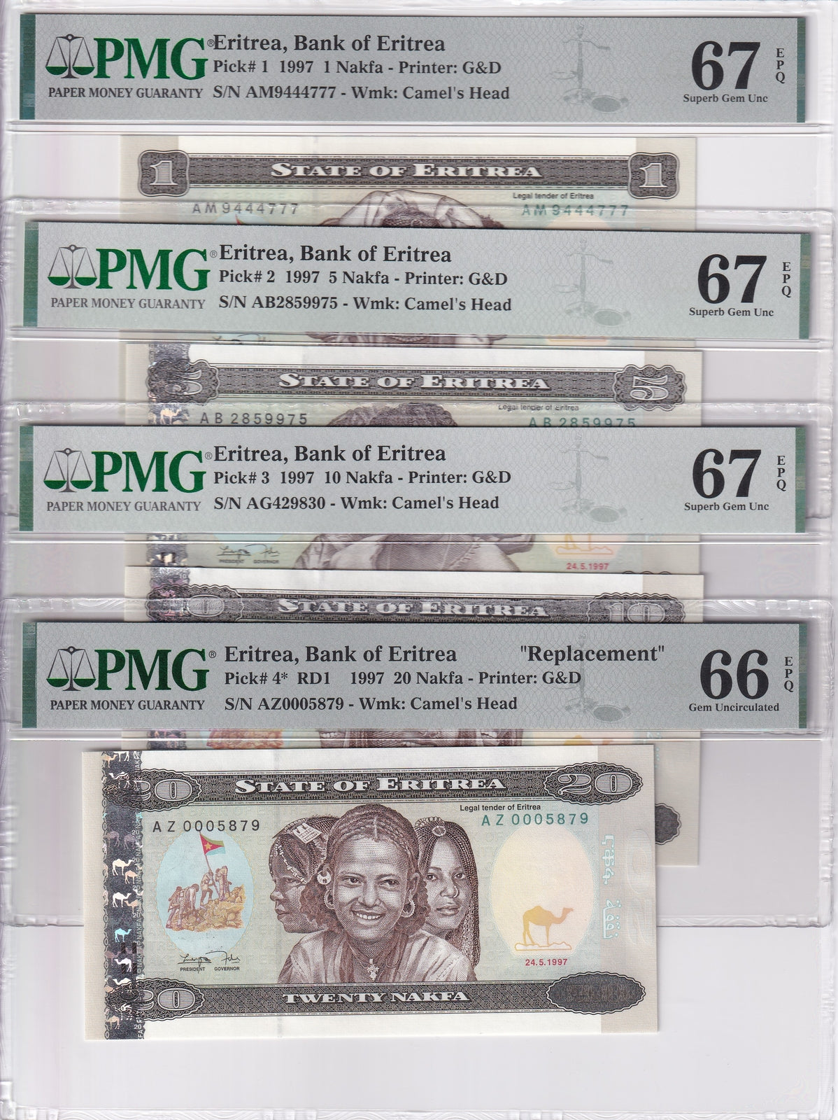 Eritrea Set 4;1 5-20 Nakfa 1997 P 1 P 2 P 3 P 4 Superb Gem UNC PMG 66 67 EPQ