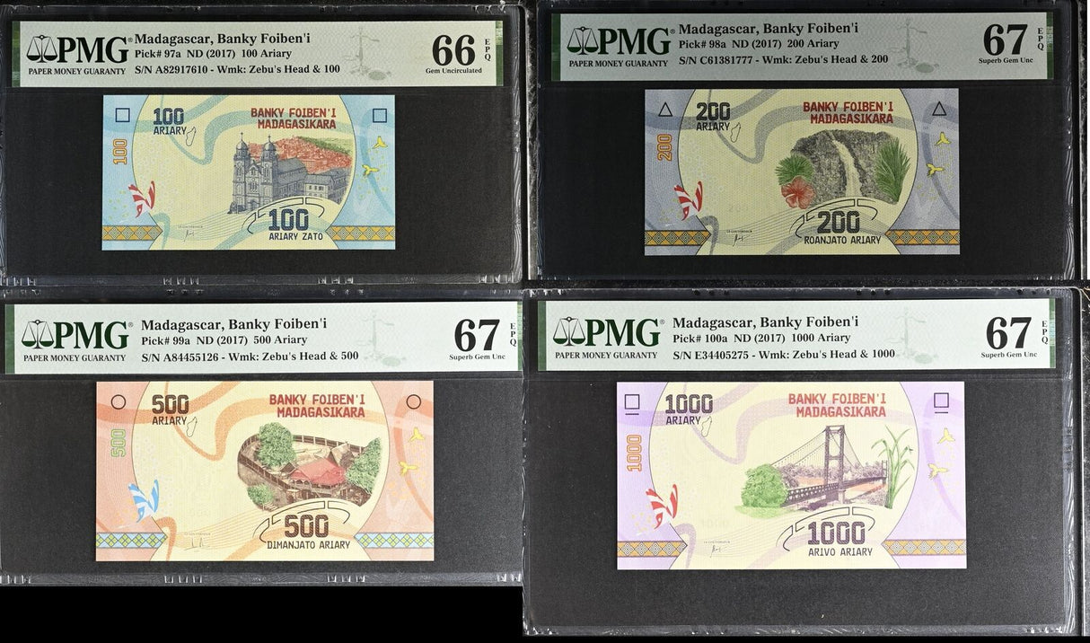 Madagascar Set 4; 100 200-1000 Ariary P97 98 99 100 Superb Gem UNC PMG 66 67 EPQ