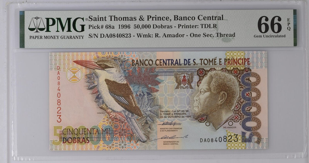 Saint Thomas & Prince 50000 Dobras 1996 P 68 a Gem UNC PMG 66 EPQ