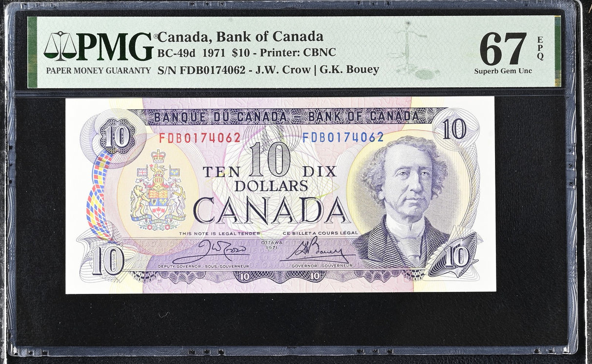 Canada 10 Dollars 1971 P 88 BC-49d Crow Bouey Superb Gem UNC PMG 67 EPQ