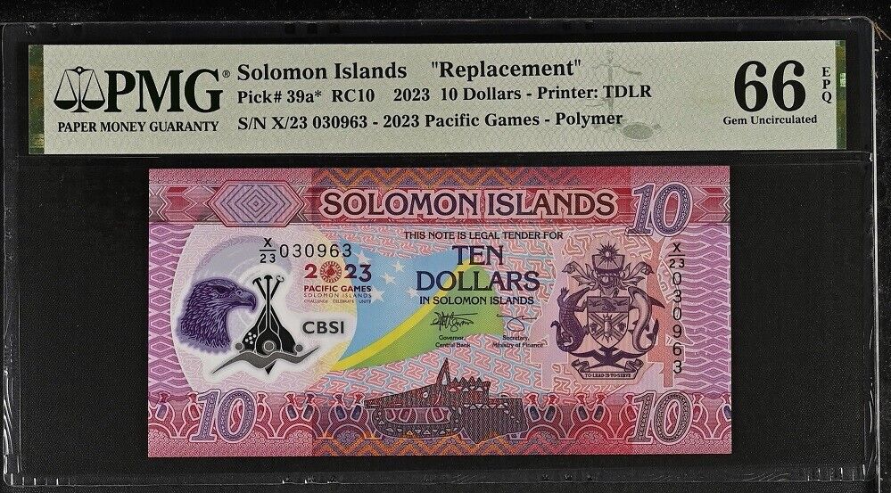 Solomon Islands 10 Dollars ND 2023 P 39 a* Replacement Comm. Gem UNC PMG 66 EPQ