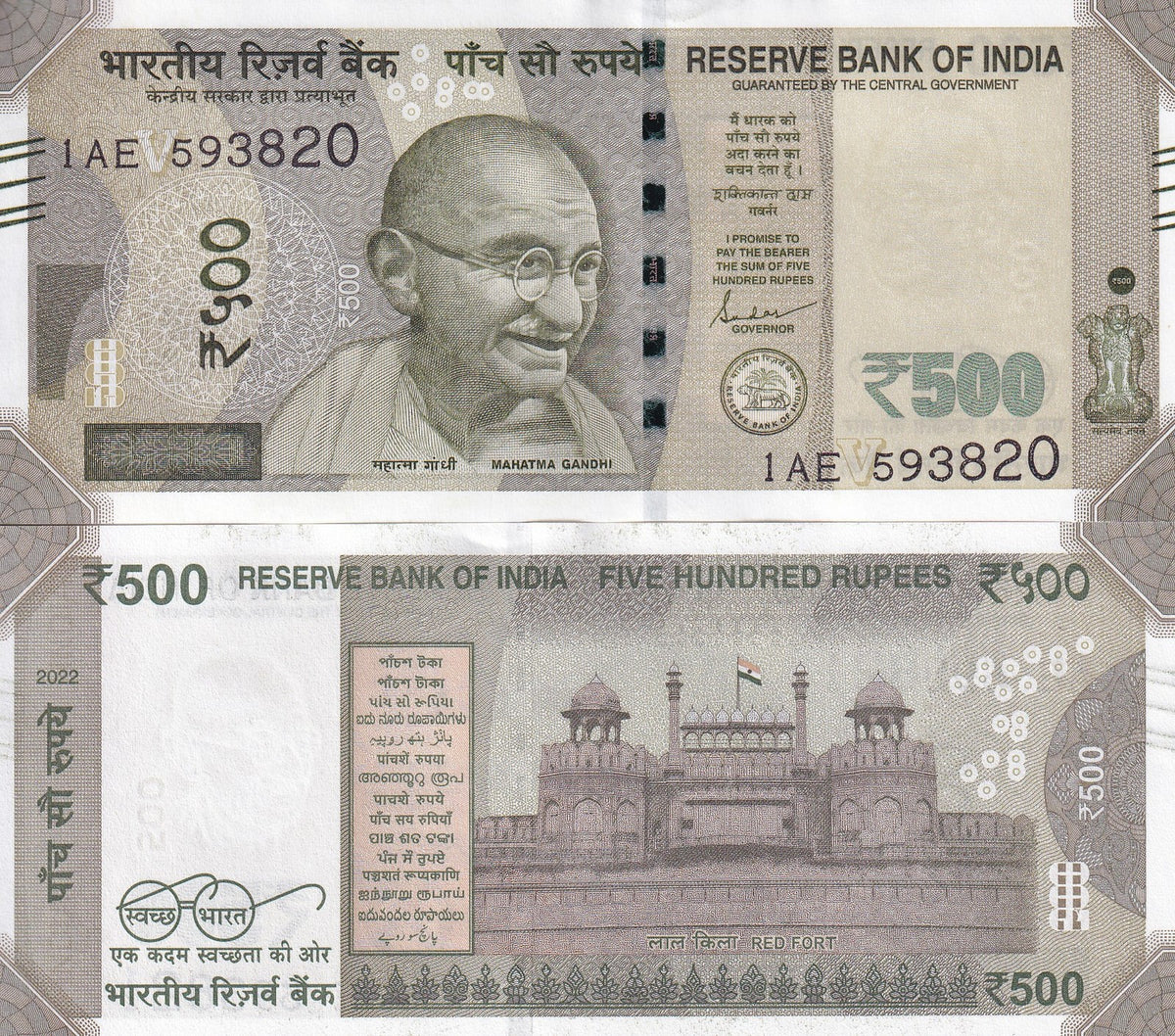 India 500 Rupees 2022 P 114 UNC , Mahatma Gandhi, Red Fort, Delhi