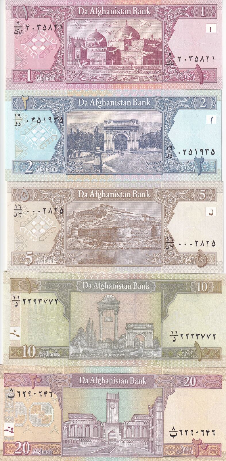 Afghanistan Set 5 UNC 1 2 5 10 20 Afghanis RANDOM DATE P 64 65 66 67 68 UNC