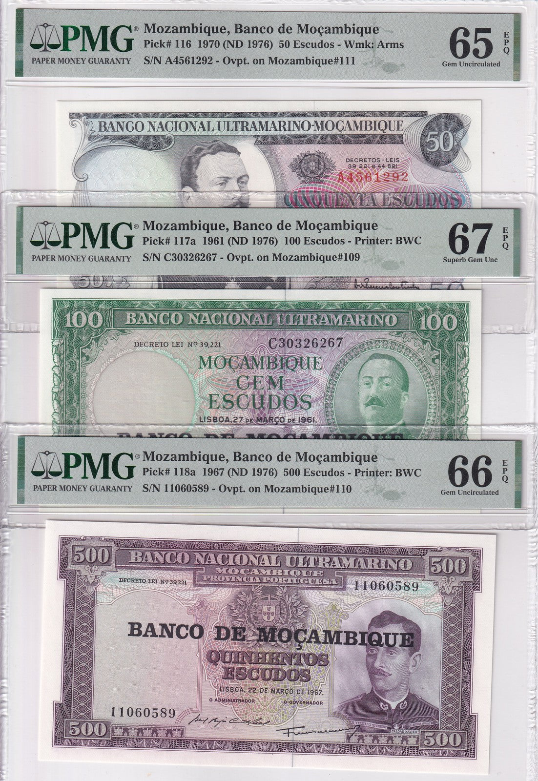 Mozambique Set 3; 50 100 500 Escudos 1976 P 116 117 118 Gem UNC PMG 65 66 67 EPQ