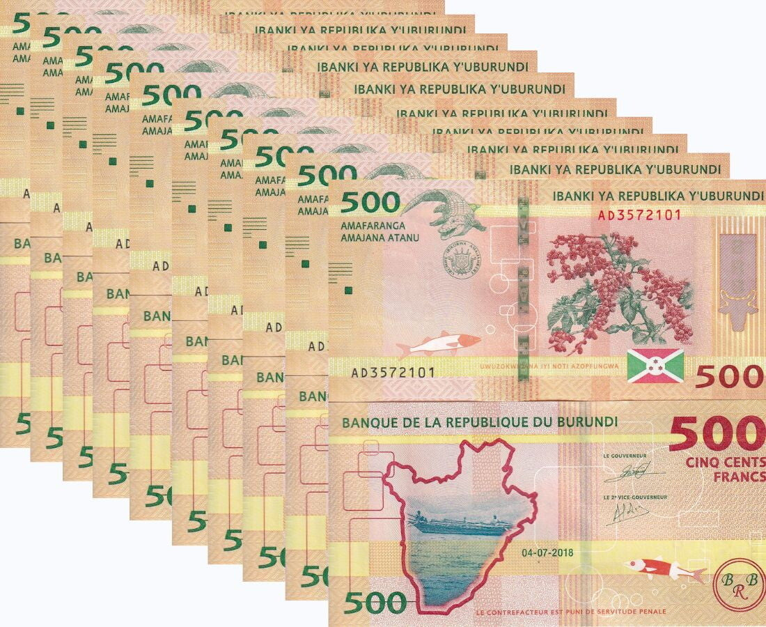 Burundi 500 Francs 2018 P 50 UNC LOT 10 PCS 1/10 Bundle, Lake Tanganiyka