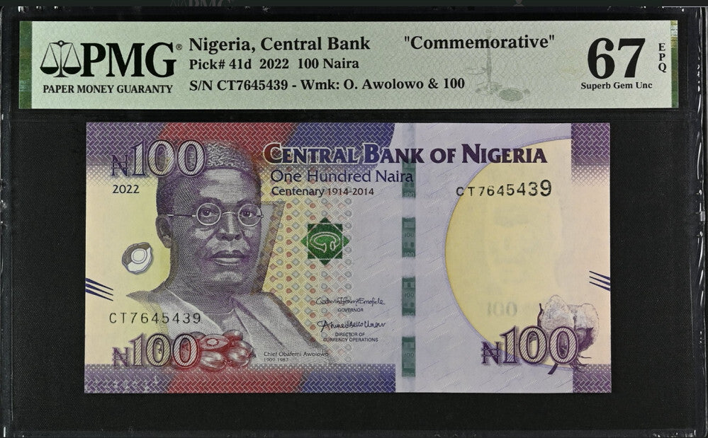 Nigeria 100 Naira 2022 P 41 d Commemorative Superb Gem UNC PMG 67 EPQ
