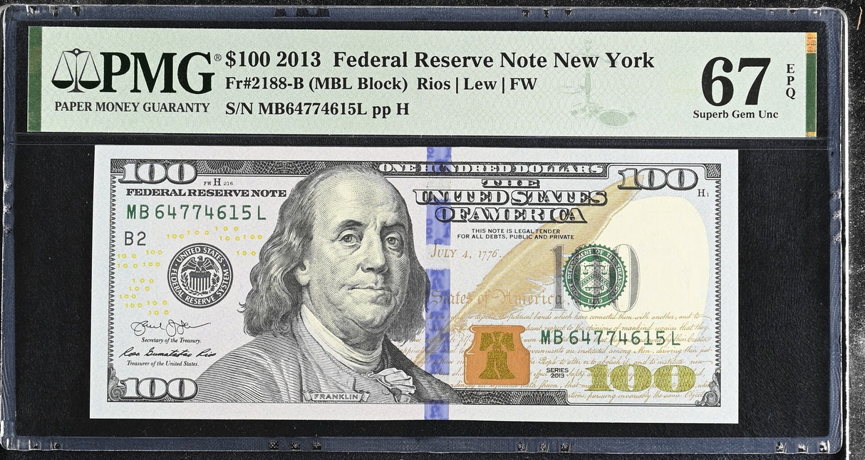 United States 100 Dollars USA 2013 P 543 B New York Superb Gem UNC PMG 67 EPQ