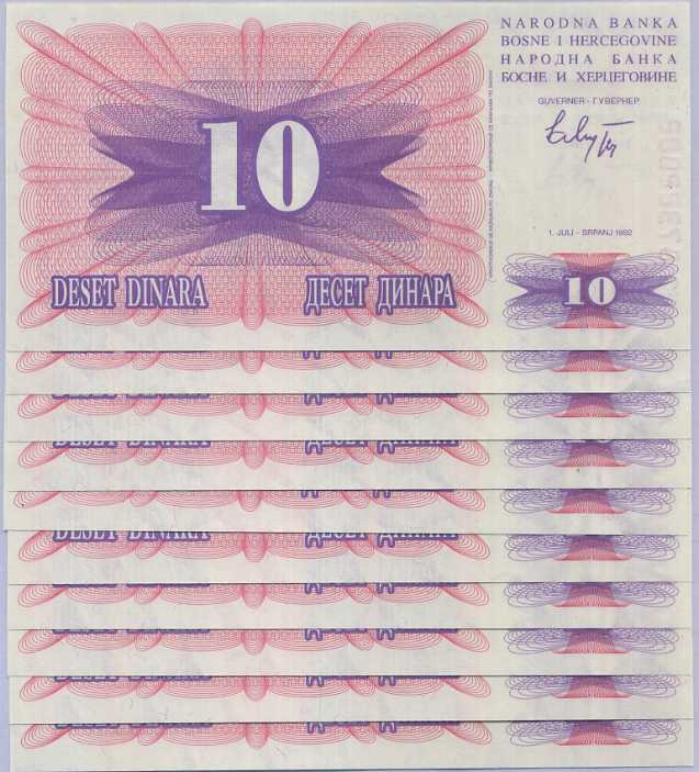 Bosnia 10 Dinara 1992 P 10 UNC LOT 10 PCS 1/10 BUNDLE