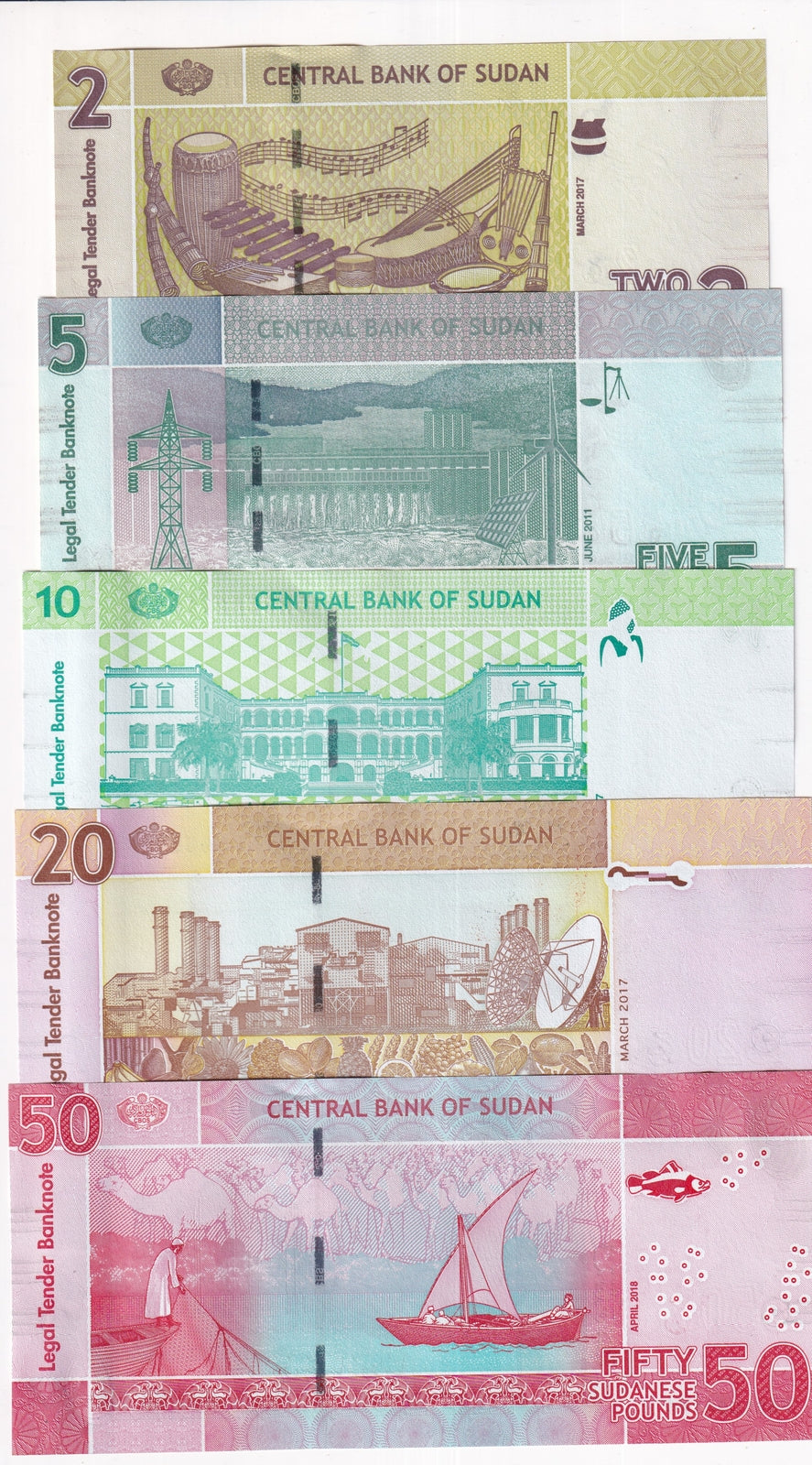 Sudan SET 5 UNC 2 5 10 20 50 Pounds 2011-2018 P 71 72 73 74 76