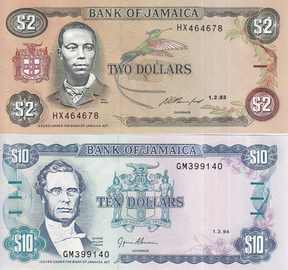 Jamaica SET 2 PCS 2 10 Dollars 1993 1994 P 69e P 71e UNC