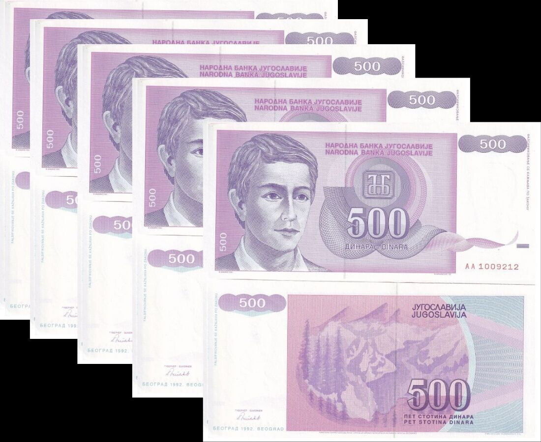 Yugoslavia 500 Dinara 1992 P 113 AUnc LOT 5 Pcs