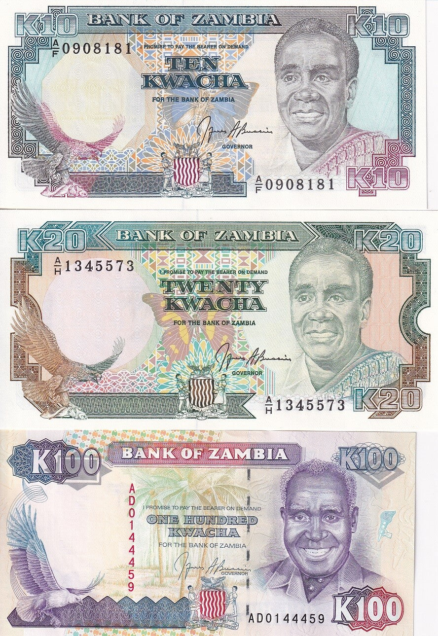 Zambia Set 3 Pcs 10 20 100 Kwacha ND 1989 P 31 32 34 UNC