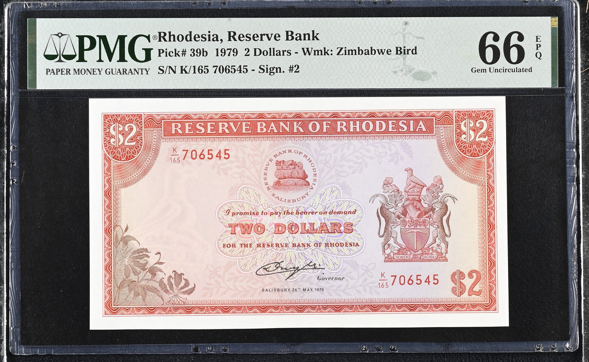 Rhodesia 2 Dollars 1979 P 39 b Gem UNC PMG 66 EPQ