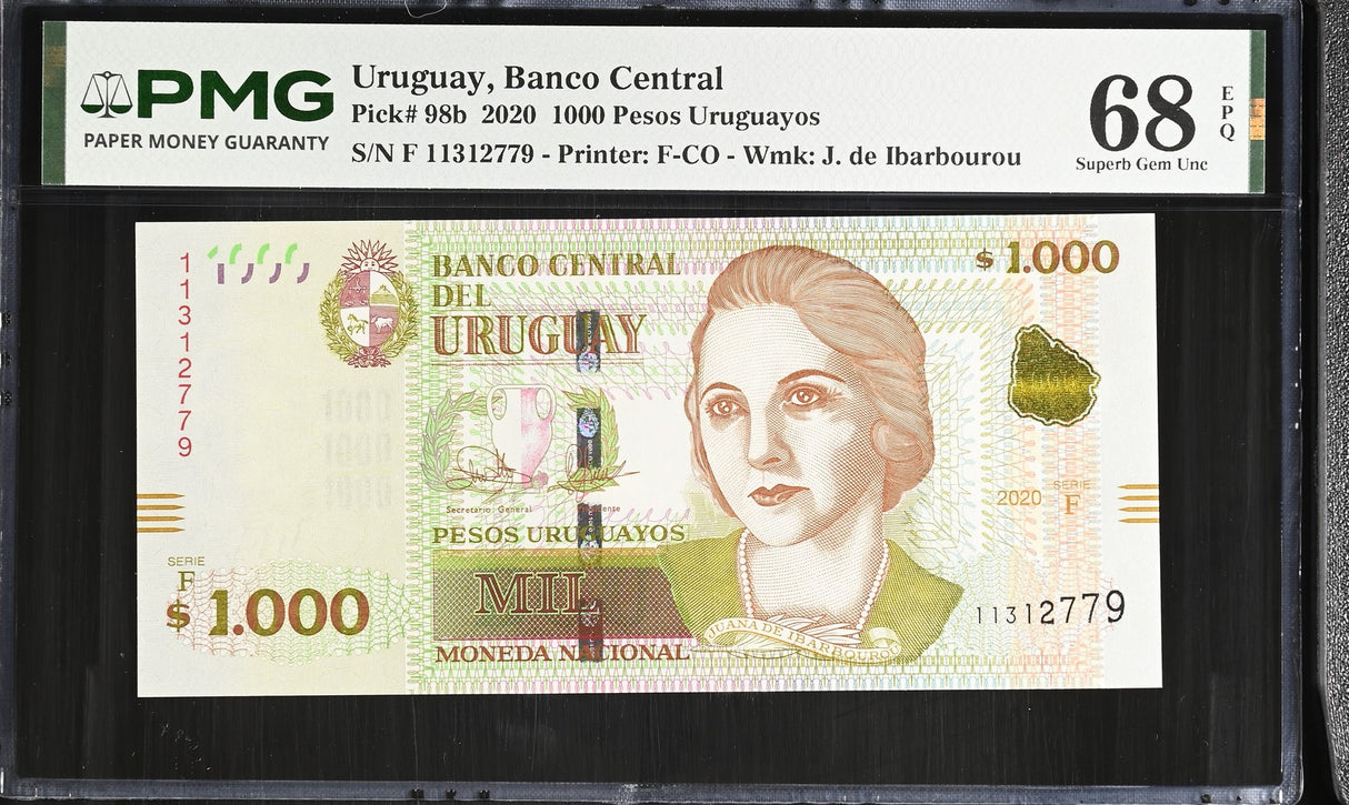 Uruguay 1000 Pesos 2020 P 98 b Superb Gem UNC PMG 68 EPQ