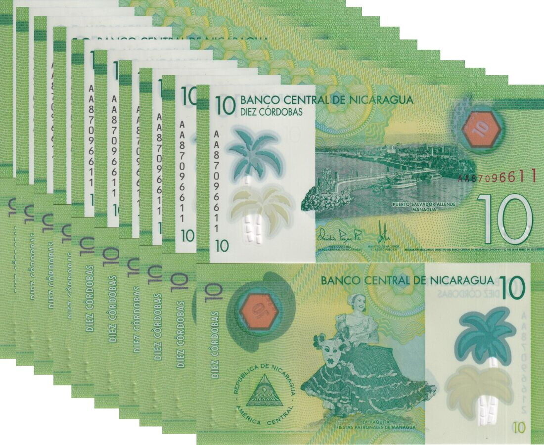 Nicaragua 10 Cordobas 2022/2024 P 209 c Polymer UNC LOT 10 PCS