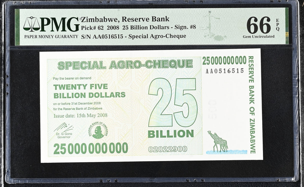 Zimbabwe 25 Billion Dollars 2008 P 62 Gem UNC PMG 66 EPQ
