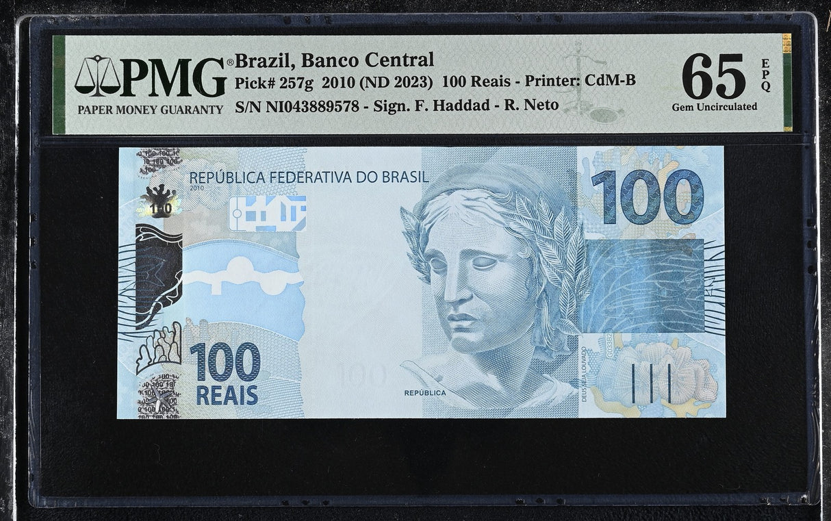 Brazil 100 Reais 2010 ND 2023 P 257 g Gem UNC PMG 65 EPQ