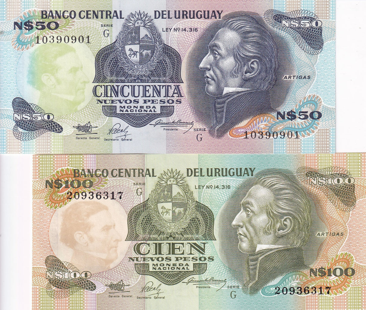 Uruguay Set 2 UNC 50 100 Pesos Random Year P 61A 62A