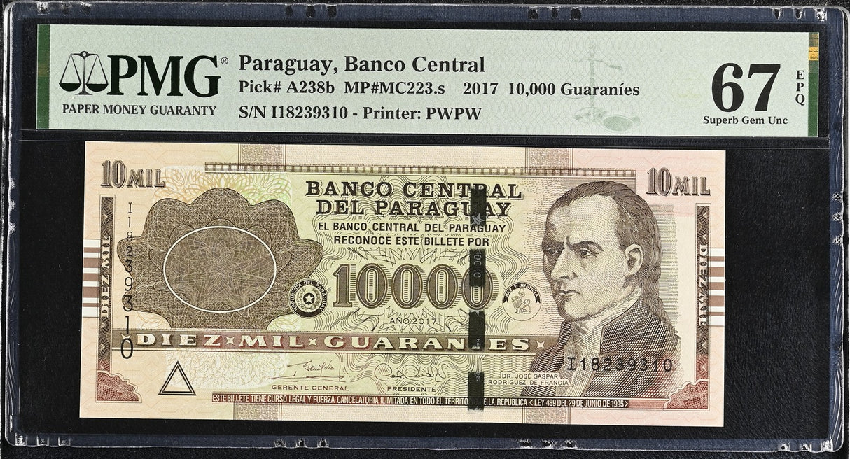 Paraguay 10000 Guaranies 2017 P A238 b Superb Gem UNC PMG 67 EPQ