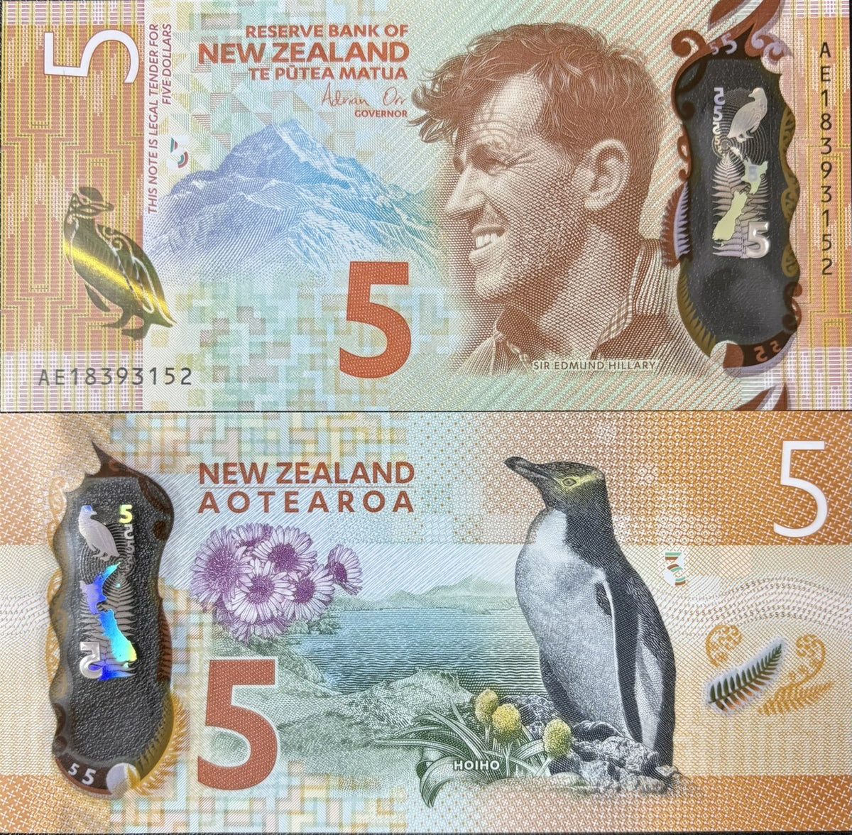 New Zealand 5 Dollars 2018 Polymer P 191 b UNC, Mt Cook, Edmund Hillary, Penguin