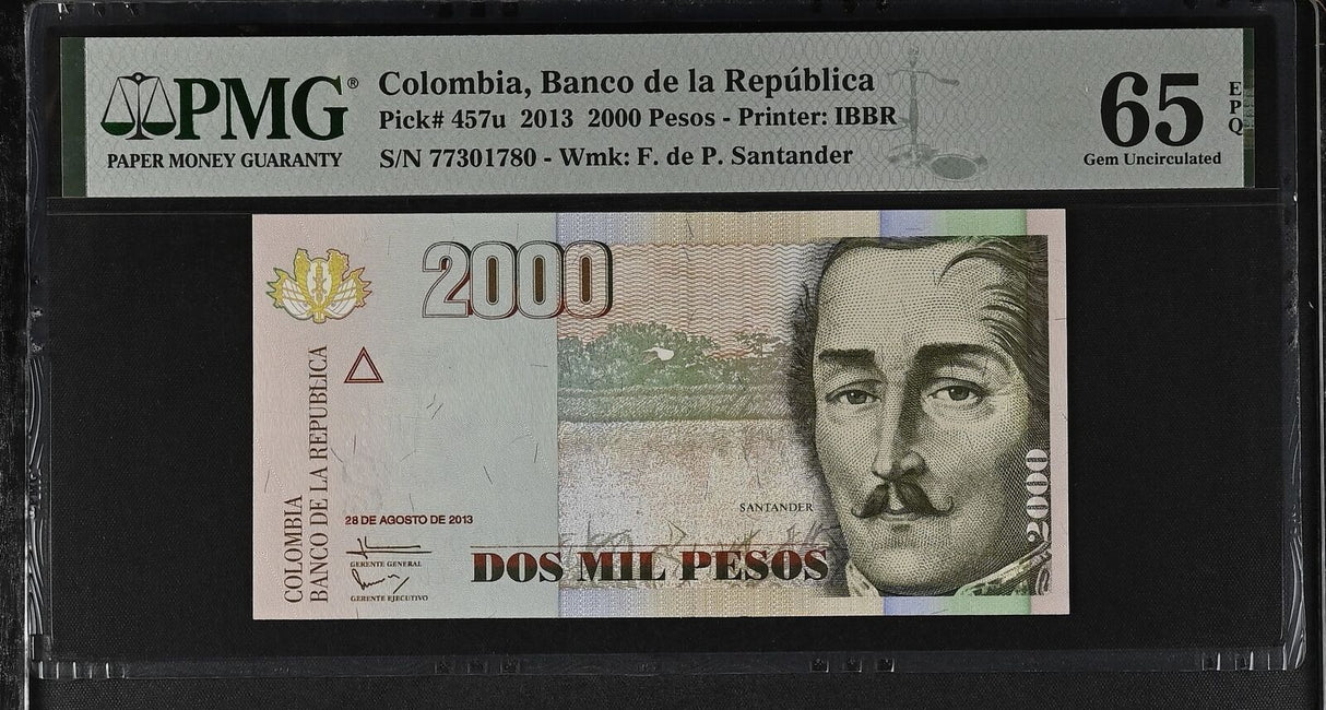 Colombia 2000 Pesos 2013 P 457 u Gem UNC PMG 65 EPQ
