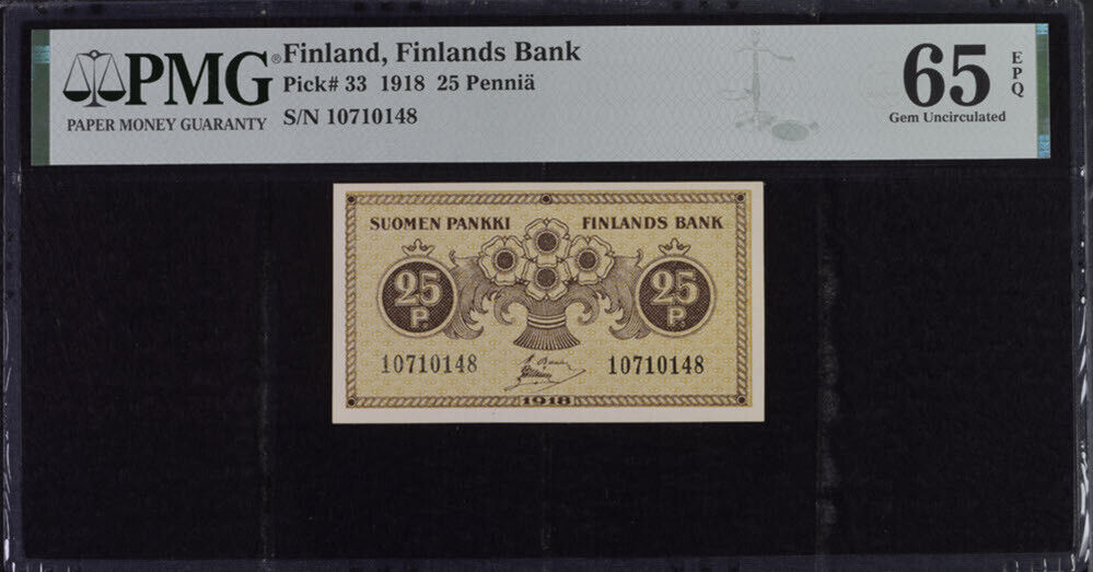 Finland 25 Pennia 1918 P 33 Gem UNC PMG 65 EPQ