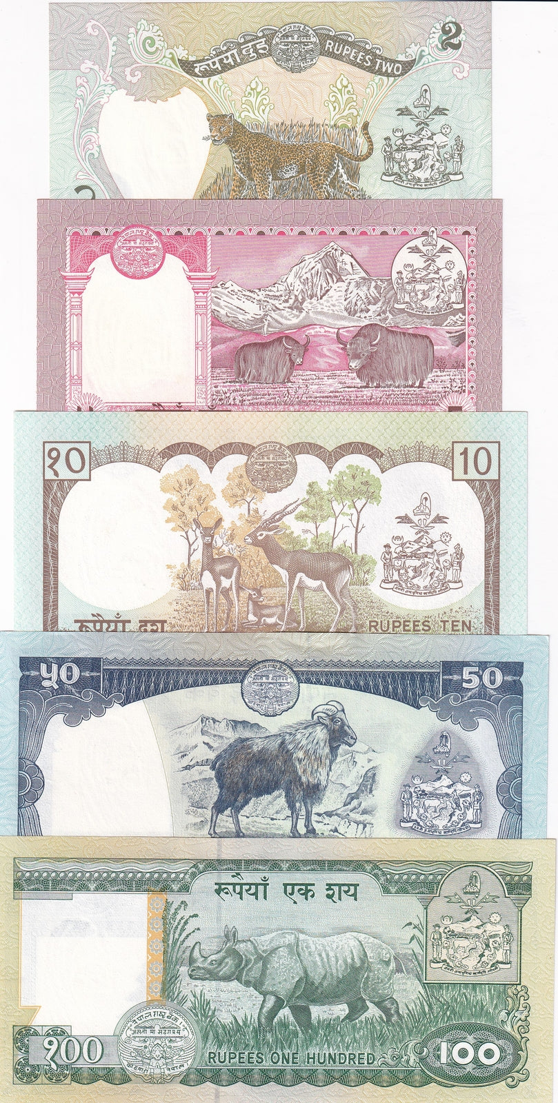 Nepal Set 5 Pcs 2 5 10 50 100 Rupees Random Year P 29 30 31 33 34 UNC