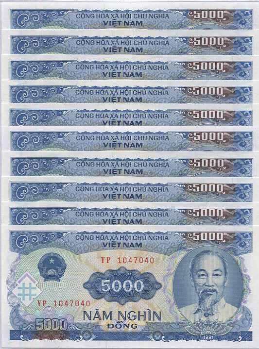 Vietnam 5000 Dong 1991 P 108 UNC LOT 10 PCS ,Ho Chi Minh, Hydroelectric power