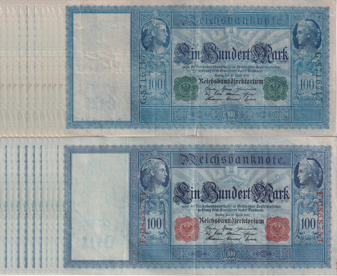 Germany SET 2x LOT 5= 10 PCS 100 Mark 1910 Green+Red Seal P 42 43 Fine Circulat