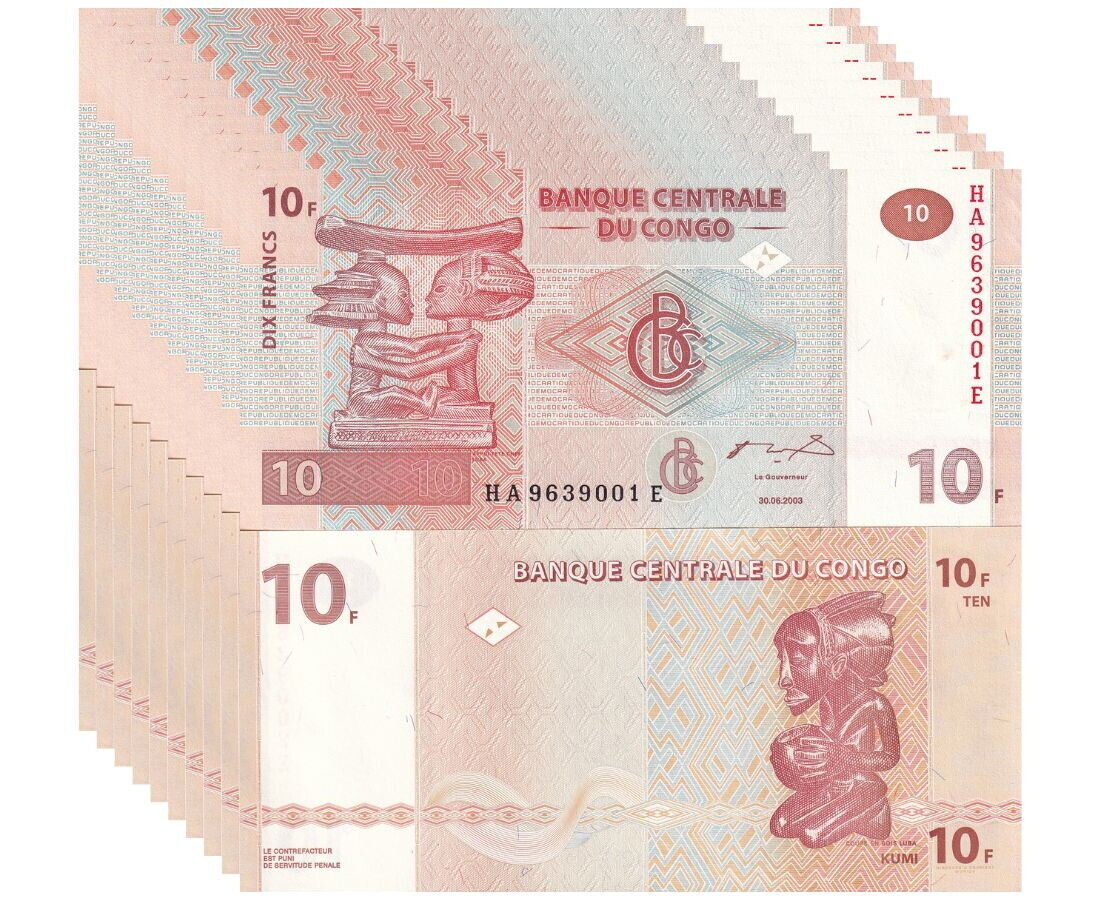 Congo 10 Francs 2003 P 93A G&D UNC LOT 10 PCS