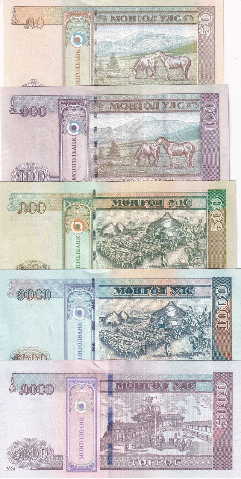 Mongolia SET 5 PCS 50 100 500 1000 5000 TUGRIK 2019-2024 P 72 73-76 UNC