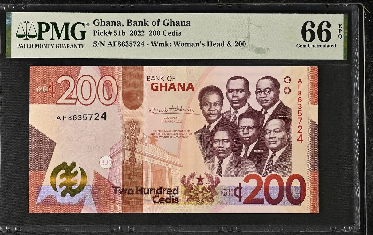 Ghana 200 Cedis 2022 P 51 b Gem UNC PMG 66 EPQ