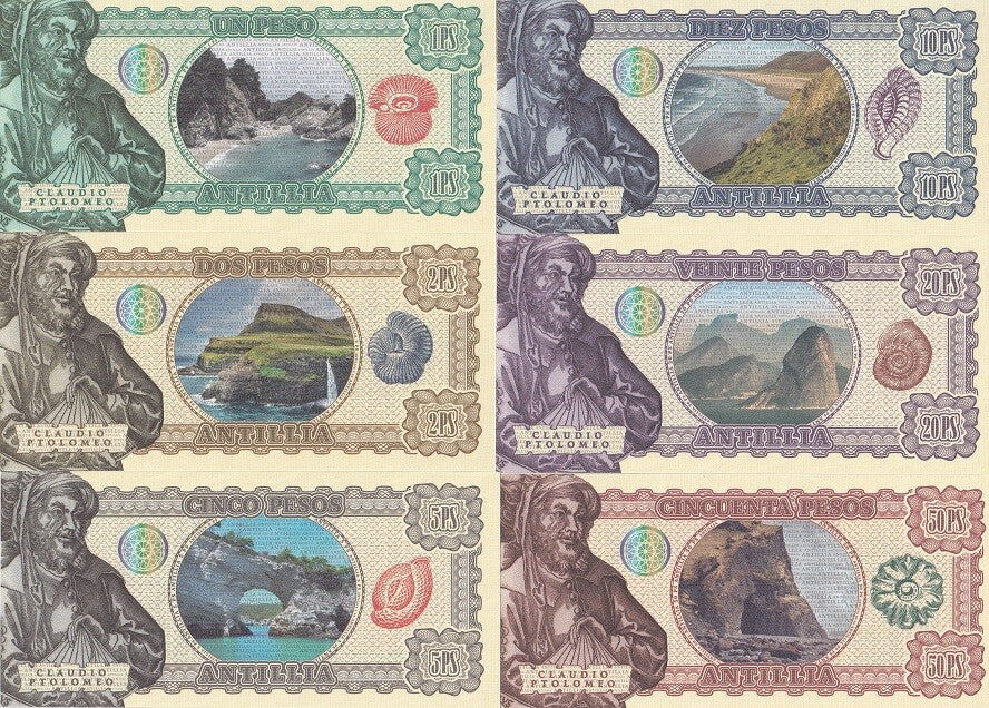 Antillia Set 6 1 2 5 10 20 50 Peso 2017 Fantasy Isle of Seven Cities Camel Lion
