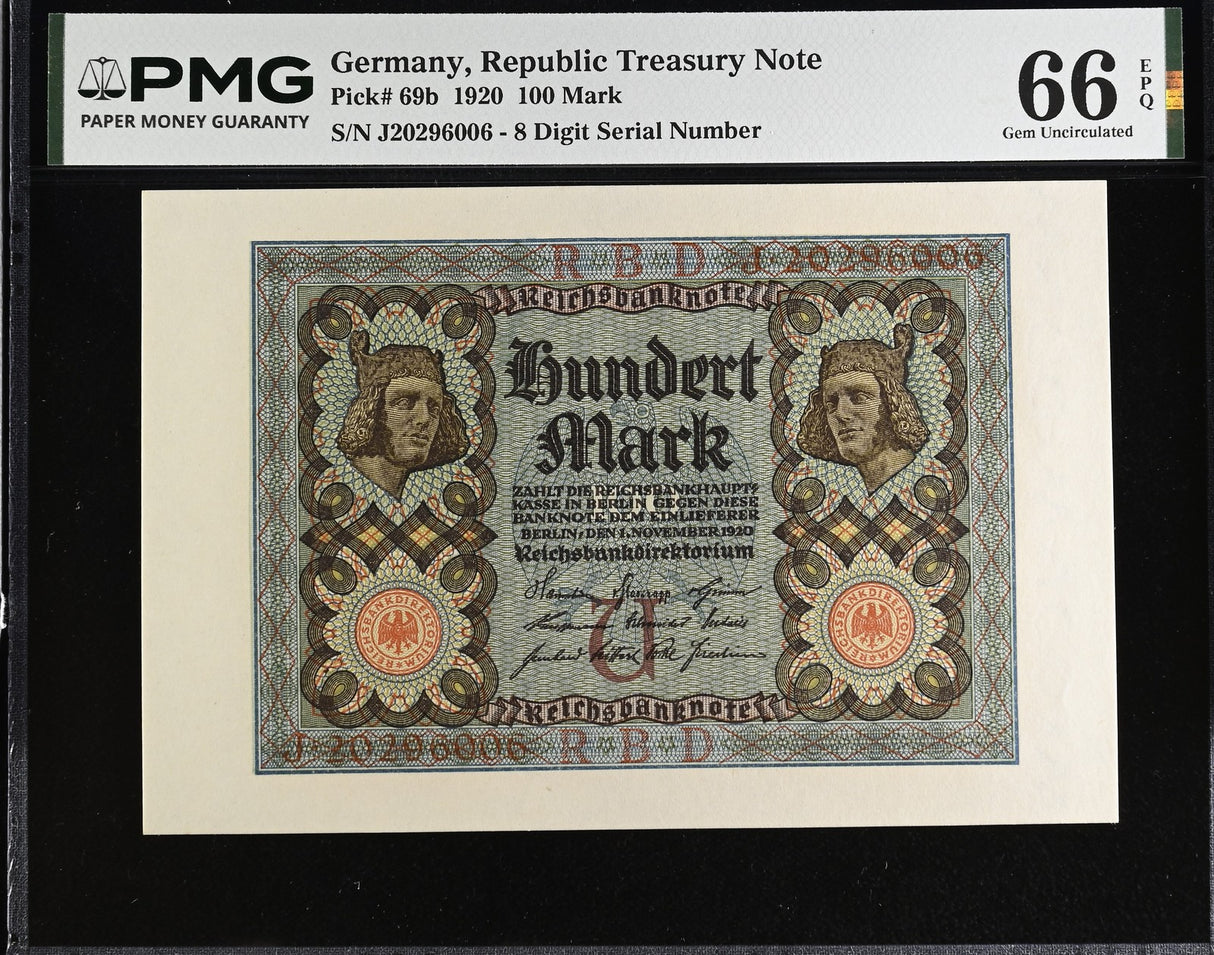 Germany 100 Mark 1920 P 69 b Gem UNC PMG 66 EPQ
