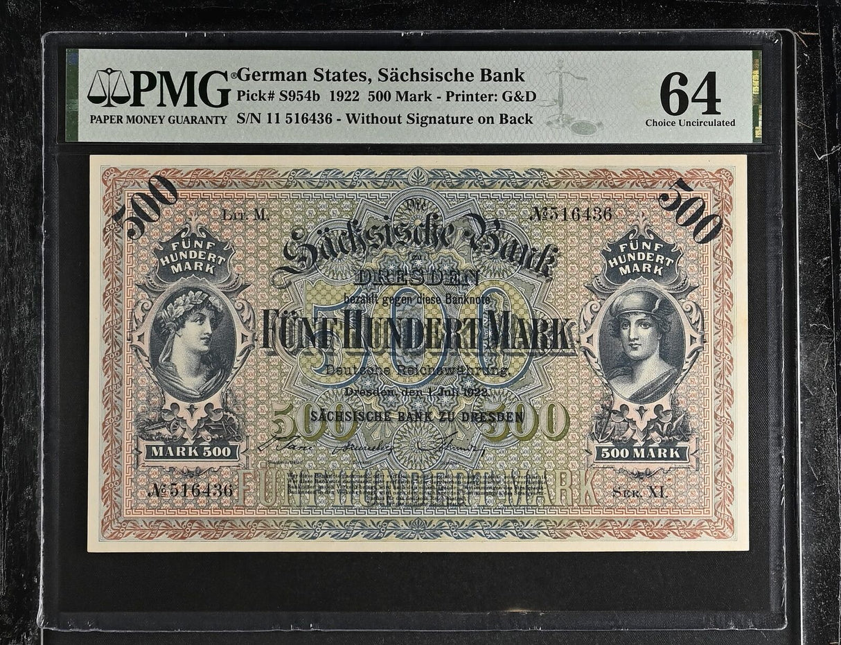Germany 500 Mark 1922 P S954 b Sachsen WithOUT Signature Choice UNC PMG 64