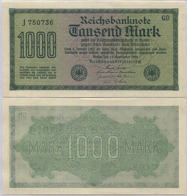Germany 1000 Mark 1922 P 76 a UNC
